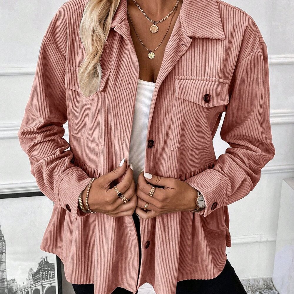 Baby Pink Casual Women's Front Button Ruffled Hem Jacket - Picture 6 of 7
